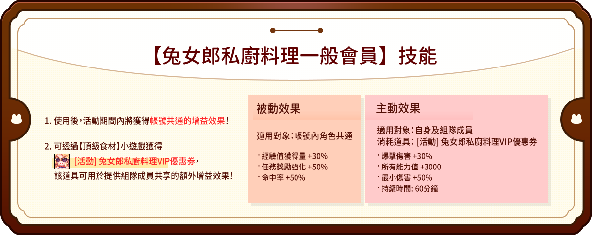【兔女郎私廚料理一般會員】技能
